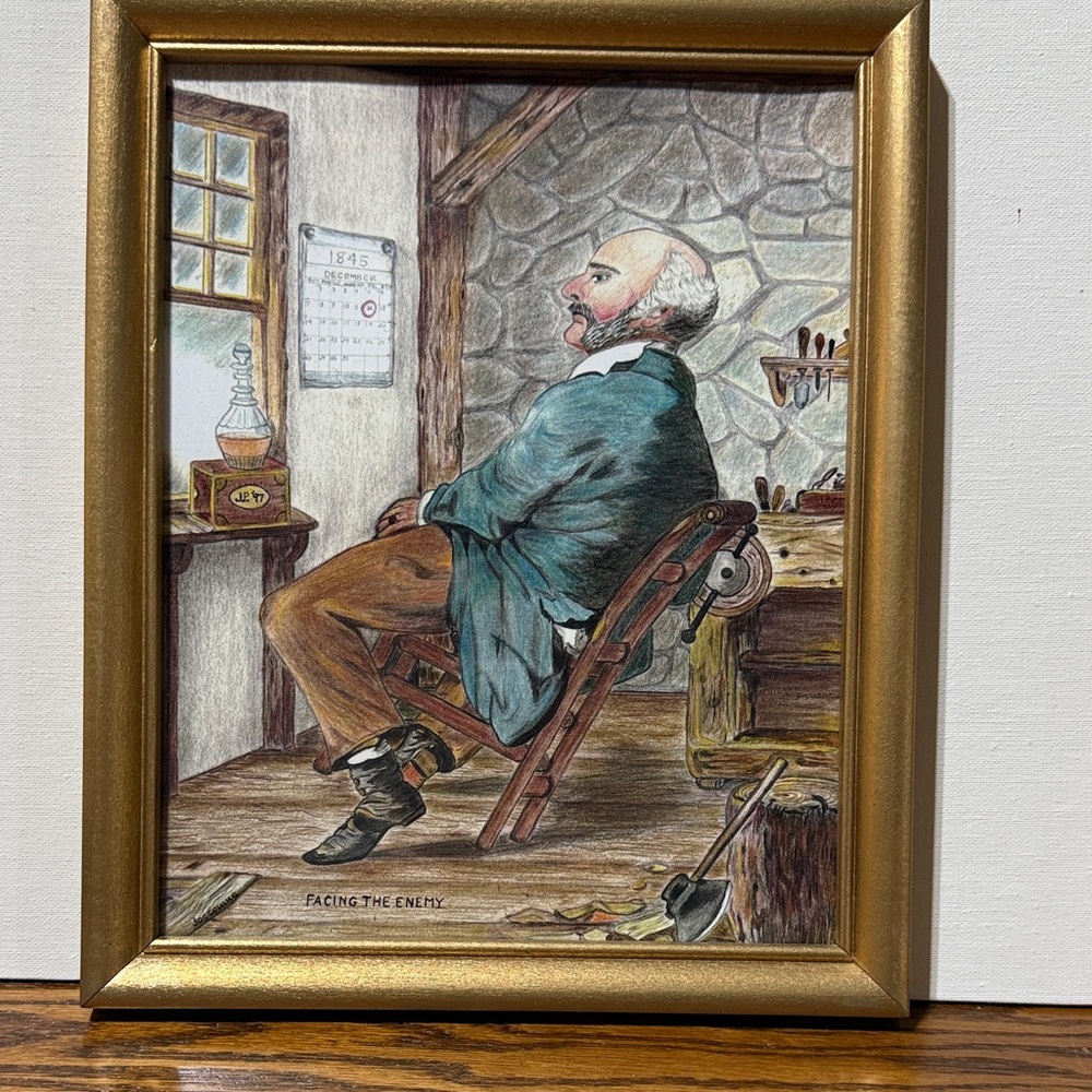 Framed Colored Pencil Art Print with Gold Frame “Facing the Enemy”